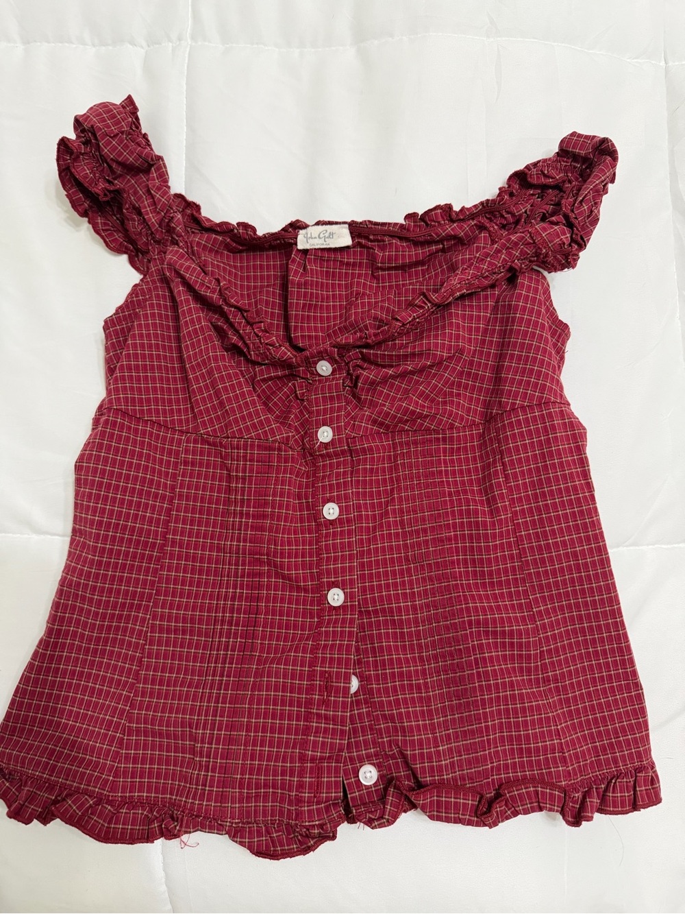 Brandy Melville Burgundy Red Plaid Ruffled Button-Up Tank